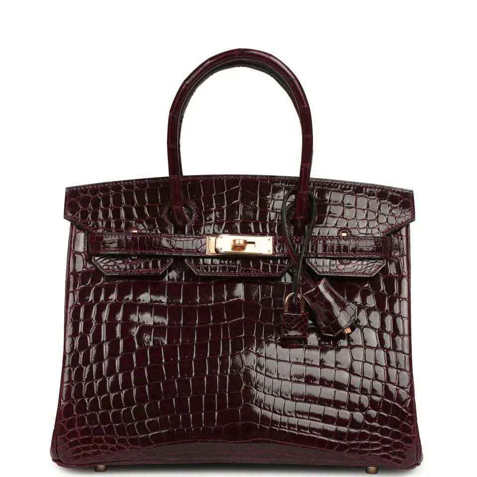 Hermes Birkin 30 bag, bordeaux glossy crocodile leather, gold-tone clasp and handles