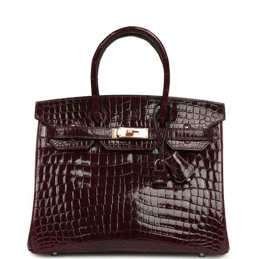Hermes Birkin 30 bag, bordeaux glossy crocodile leather, gold-tone clasp and handles