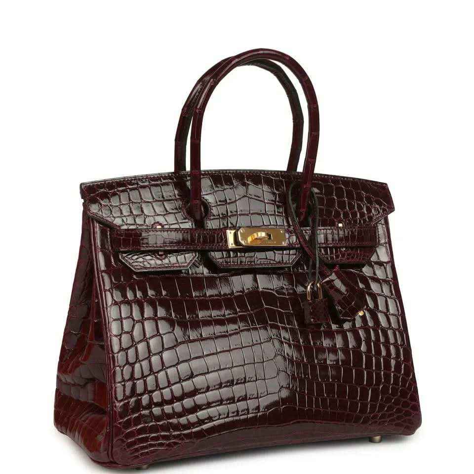 Hermes Birkin 30 bag, bordeaux glossy crocodile leather, front flap with gold-tone clasp