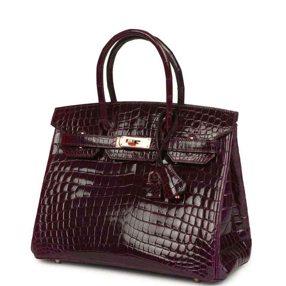 Hermes Birkin 30 bag, bordeaux glossy crocodile leather with gold-tone front latch detail