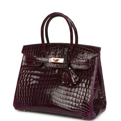 Hermes Birkin 30 bag, bordeaux glossy crocodile leather with gold-tone front latch detail