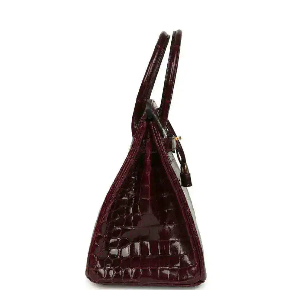 Hermes Birkin 30 bag side view, bordeaux glossy crocodile leather with gold-tone hardware