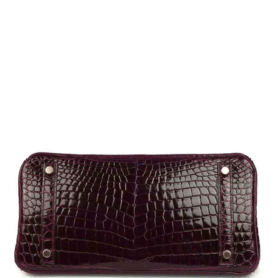 Hermes Birkin 30 bag underside view, bordeaux crocodile leather with metal snap studs