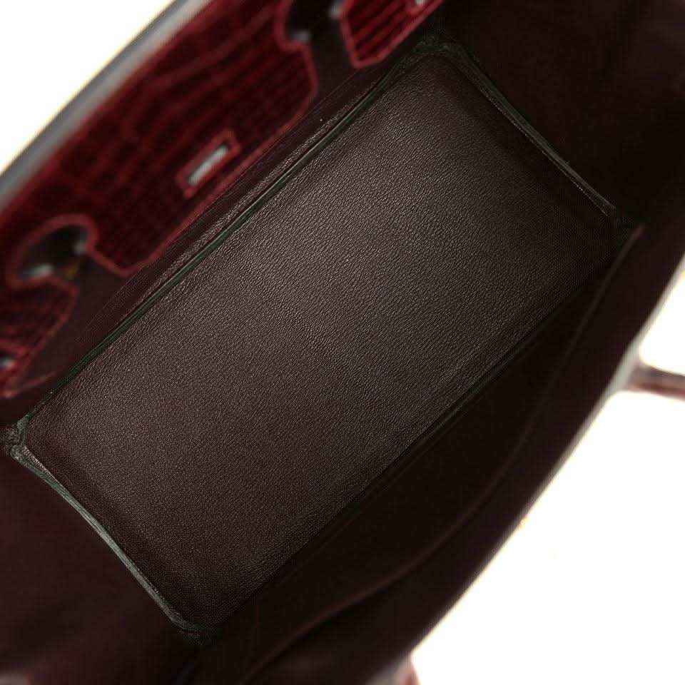Hermes Birkin 30 bag interior, dark bordeaux leather lining with pocket