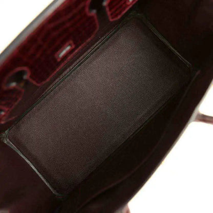 Hermes Birkin 30 bag interior, dark bordeaux leather lining with pocket