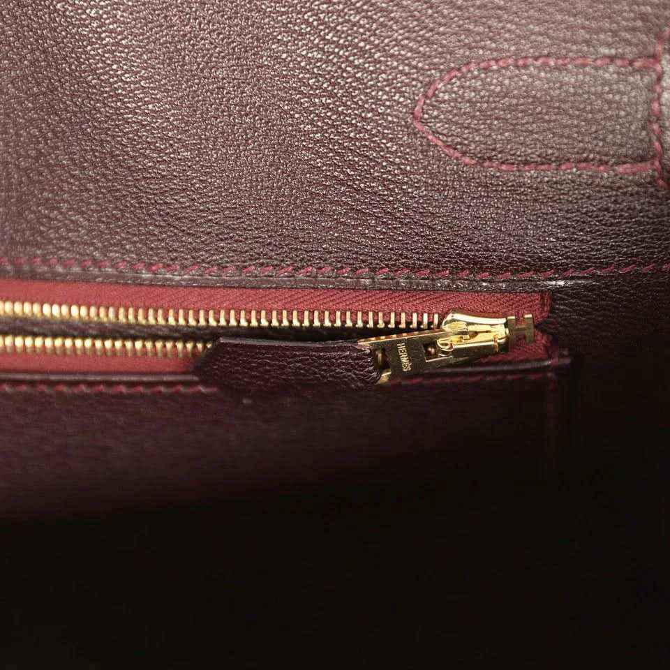 Hermes Birkin 30 bag interior pocket, gold-tone zipper and dark bordeaux leather trim