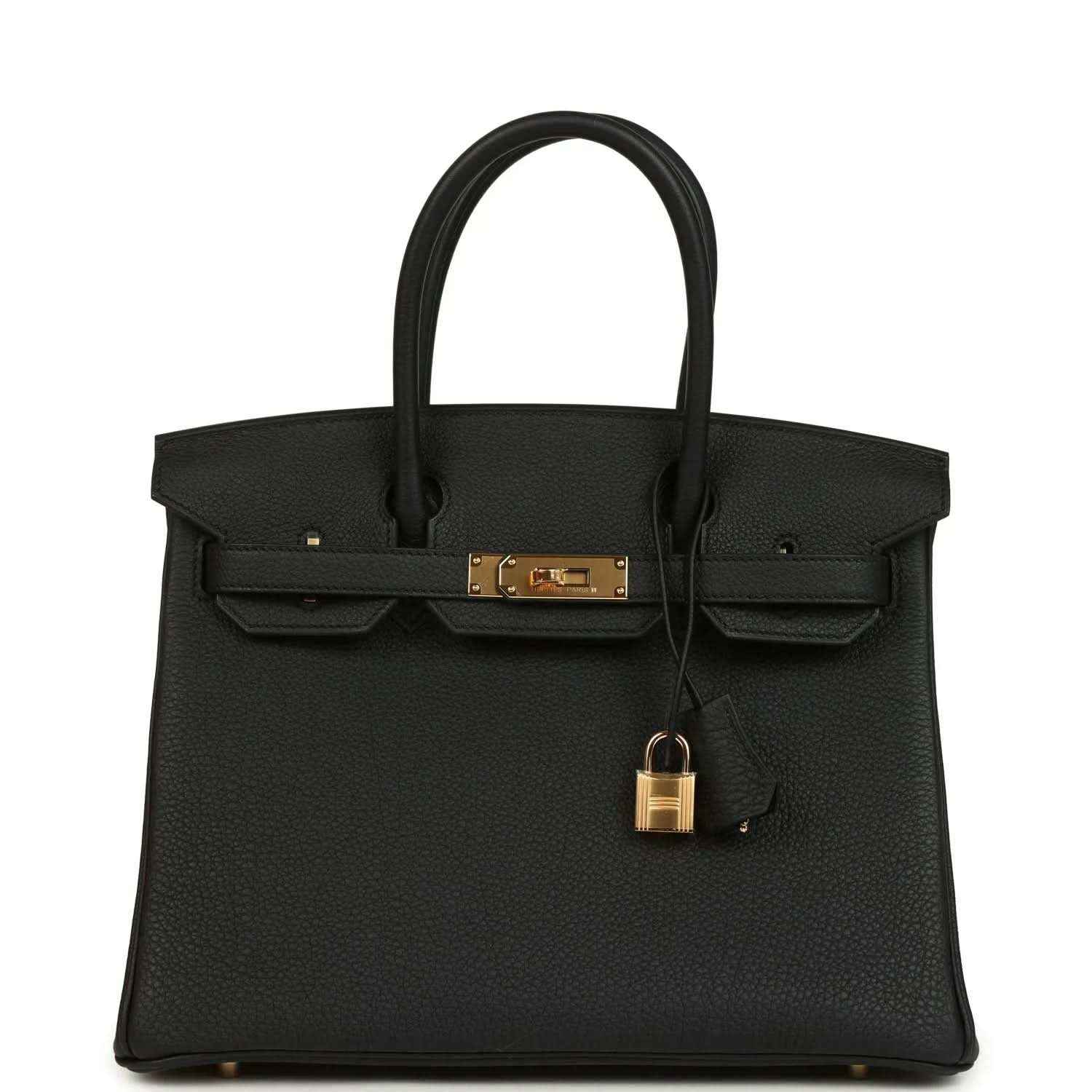 Black leather Birkin-style handbag with gold lock and top handles