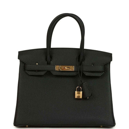Black leather Birkin-style handbag with gold lock and top handles