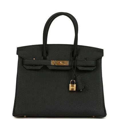 Black leather Birkin-style handbag with gold lock and top handles