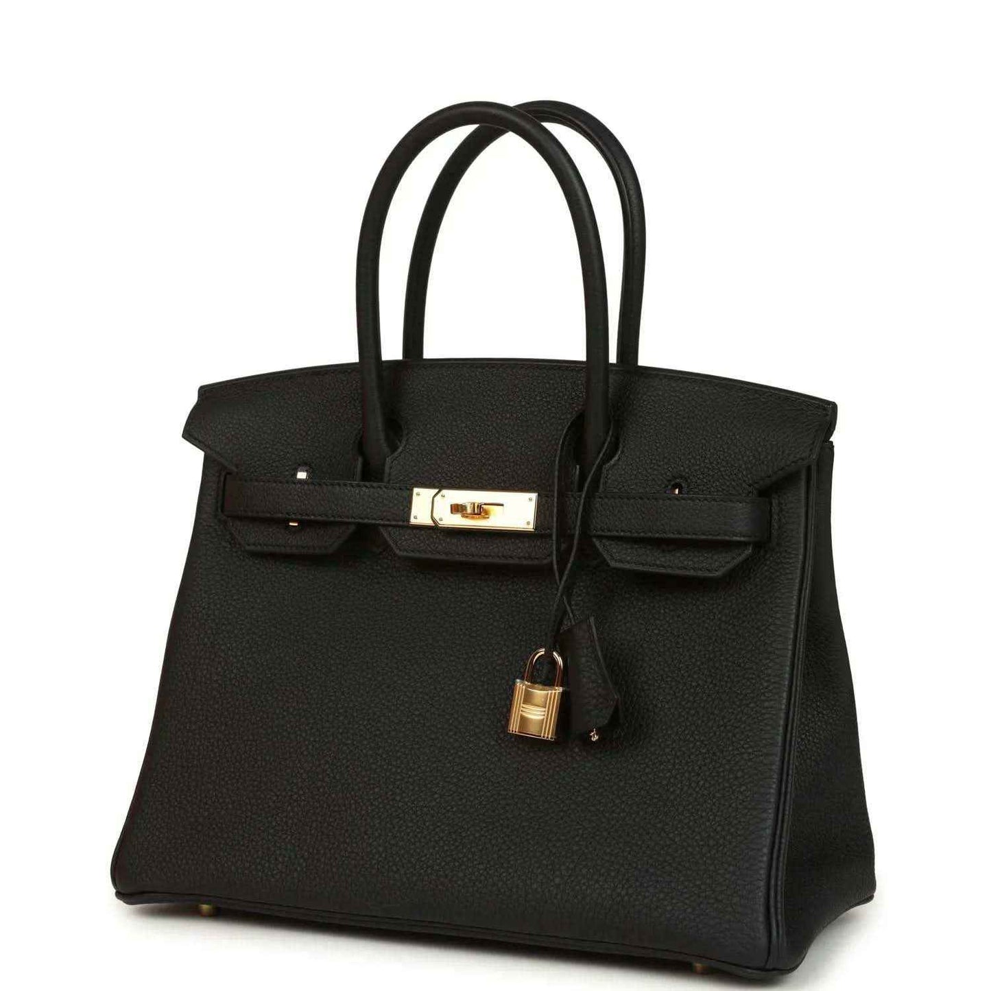 Black leather handbag with front flap, gold clasp, and dangling padlock