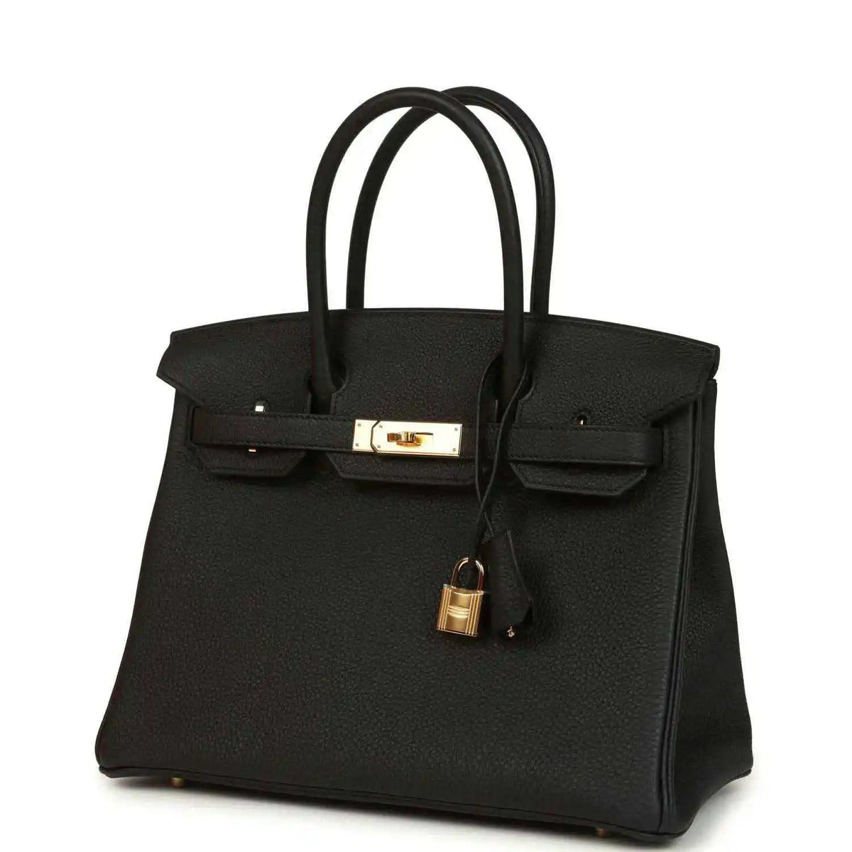 Black leather handbag with front flap, gold clasp, and dangling padlock