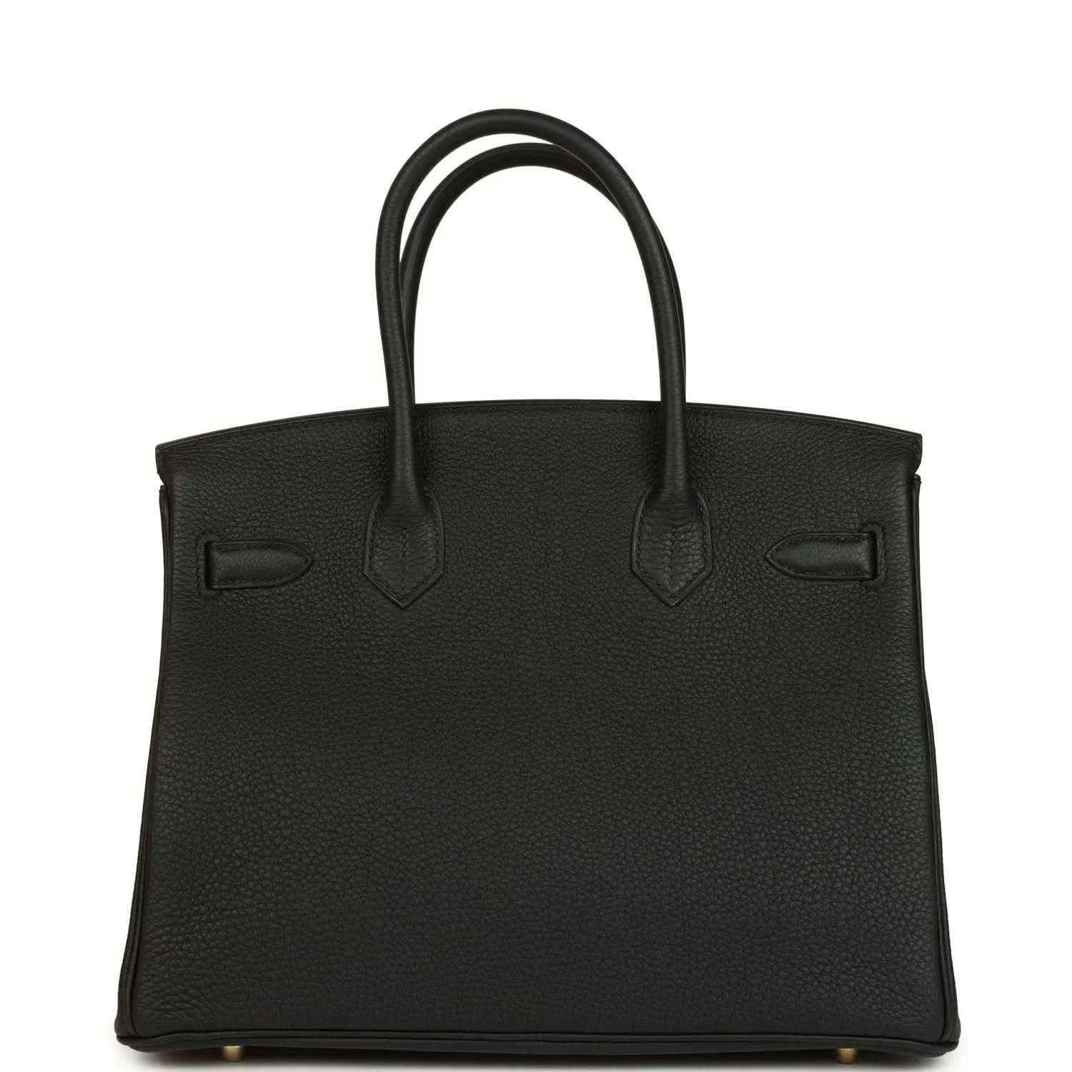 Black leather handbag with embossed front panels and top handles