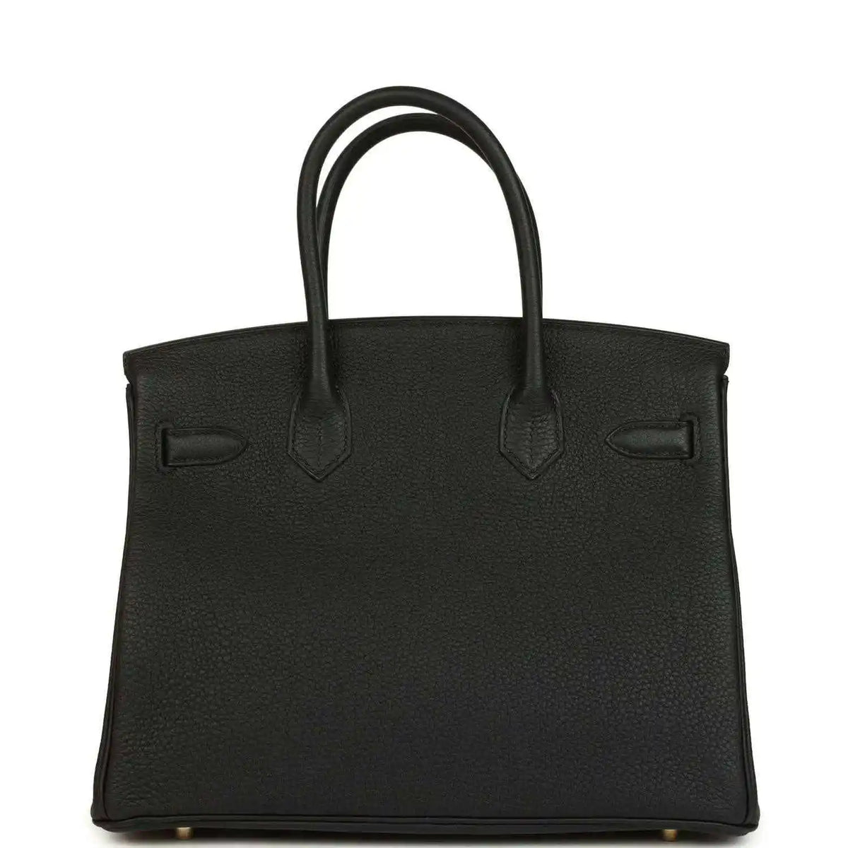 Black leather handbag with embossed front panels and top handles