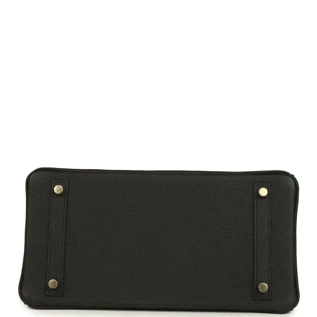 Black leather handbag with gold clasp hardware and embossed Hermes label