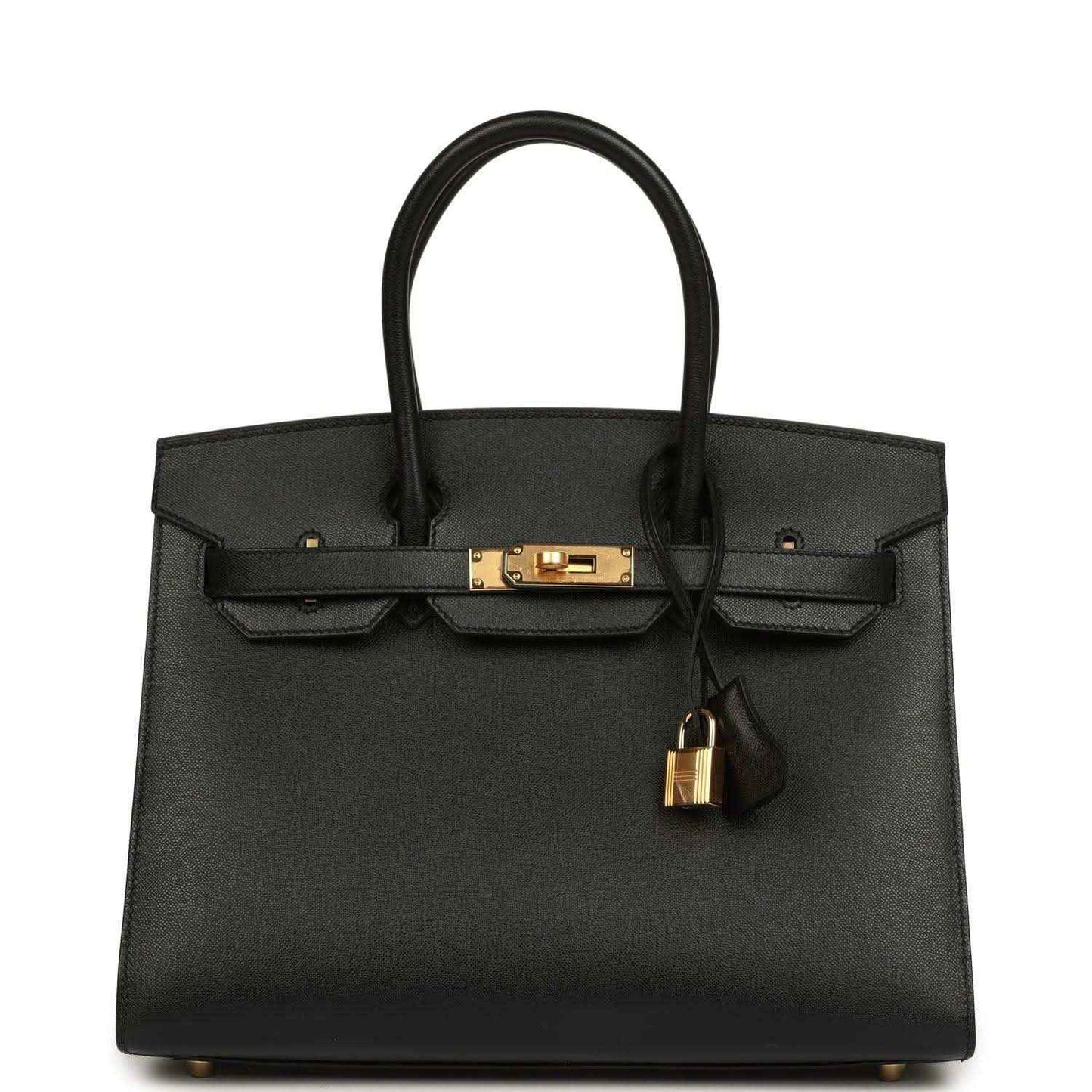 Black leather Birkin-style handbag with gold front clasp and hanging lock charm