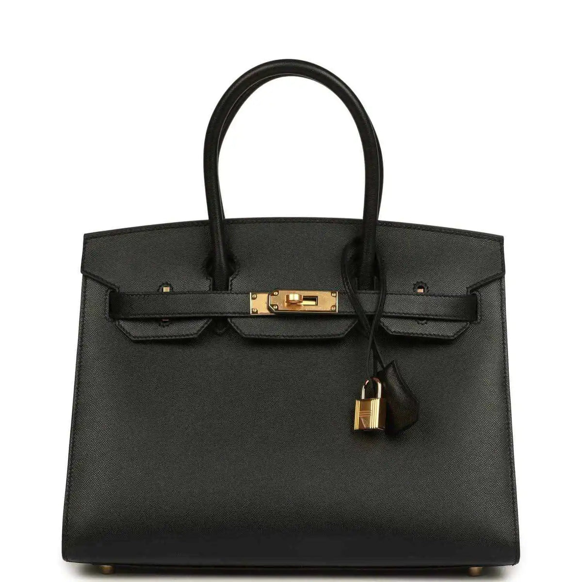 Black leather Birkin-style handbag with gold front clasp and hanging lock charm
