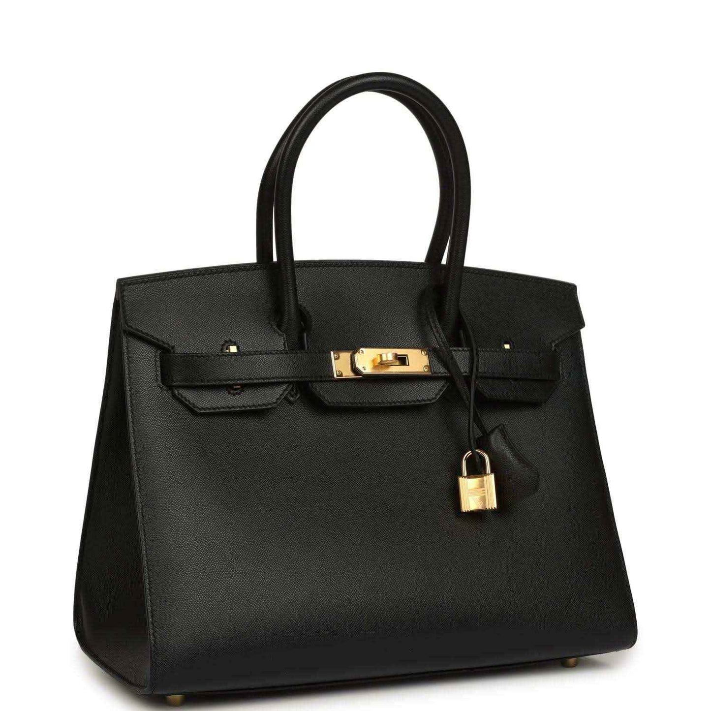 Black leather handbag with top handles, gold clasp, and hanging padlock charm