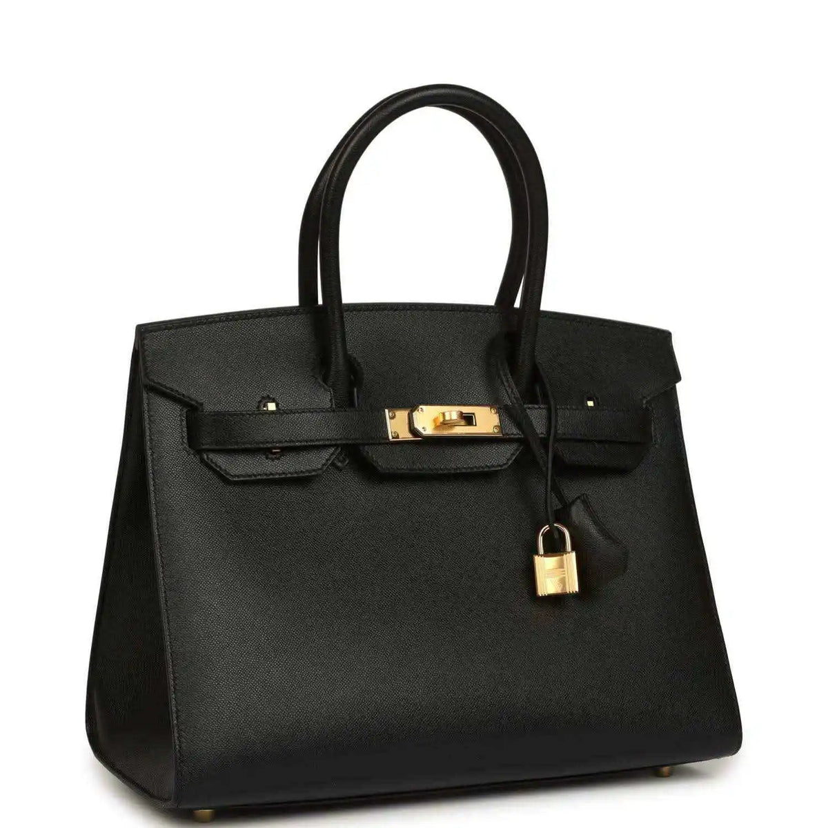 Black leather handbag with top handles, gold clasp, and hanging padlock charm