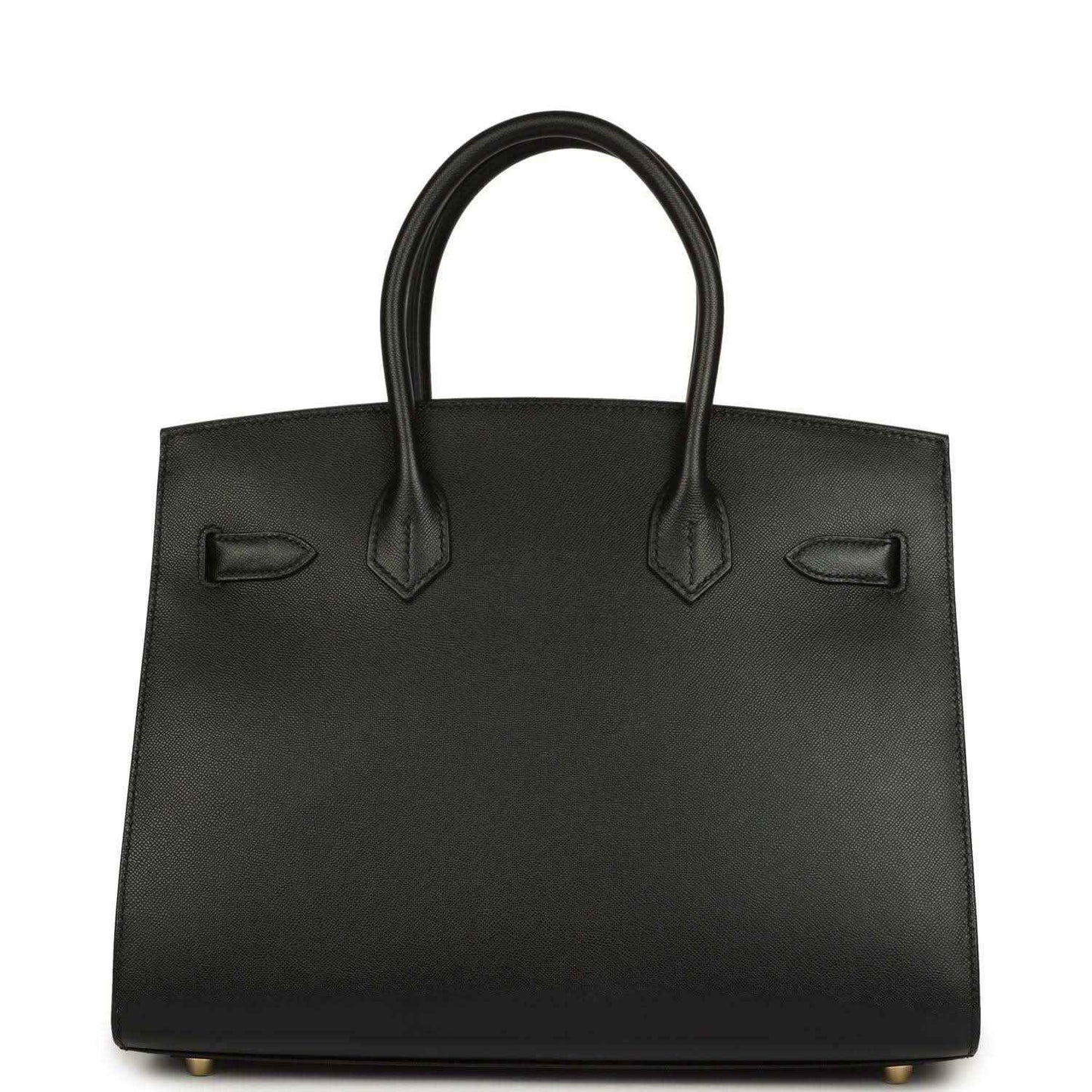 Black leather handbag with two top handles and front patch pockets