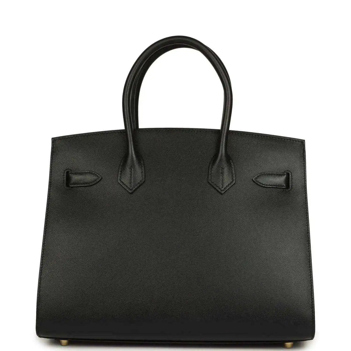 Black leather handbag with two top handles and front patch pockets