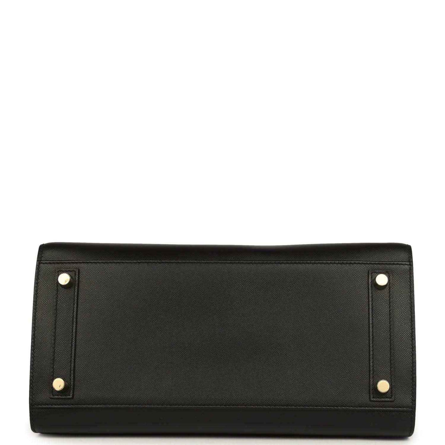 Black leather handbag with two gold corner studs on the back panel