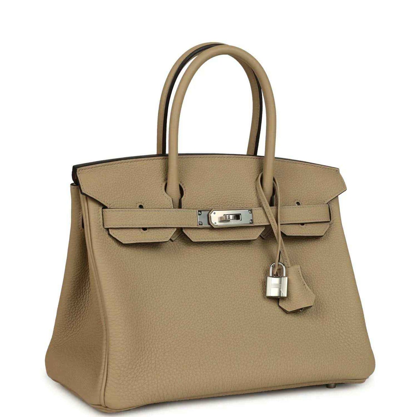 Tan Togo leather handbag with top handles and front lock clasp, angled view