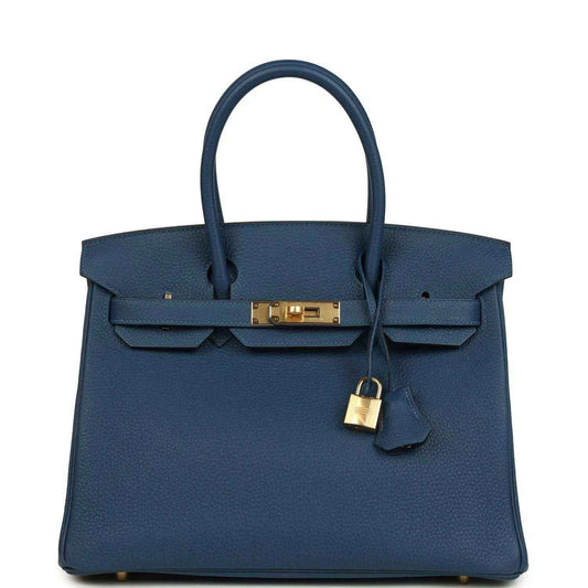 Hermes Birkin 30 blue Togo leather handbag with gold hardware and shoulder handles