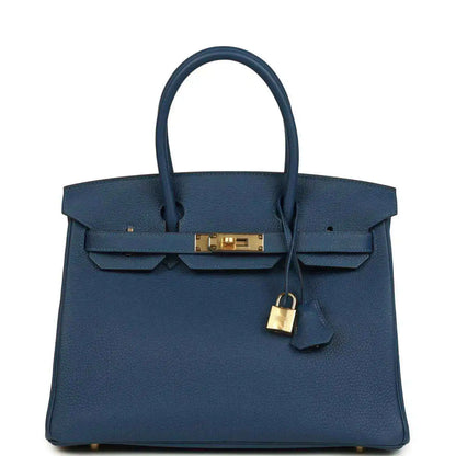 Hermes Birkin 30 blue Togo leather handbag with gold hardware and shoulder handles