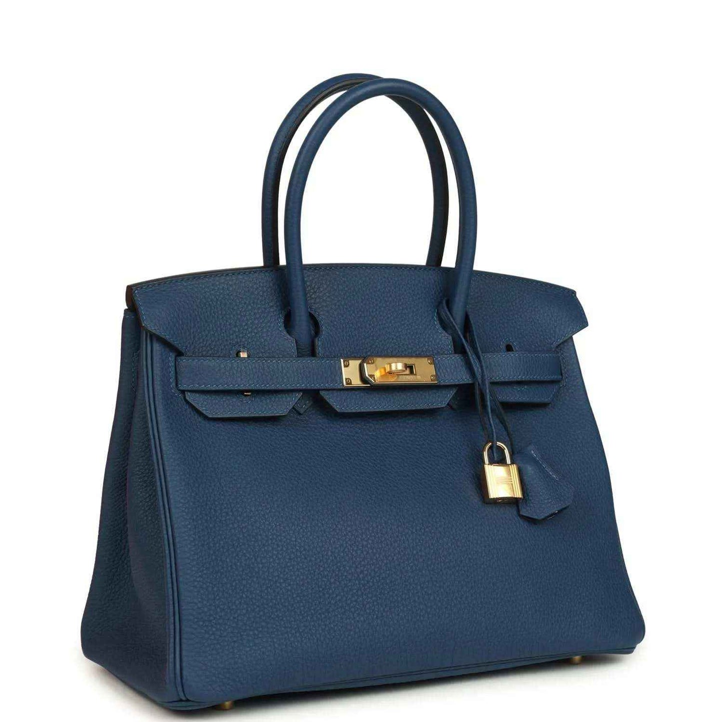 Hermes Birkin 30 blue Togo leather handbag with gold clasp and top handles