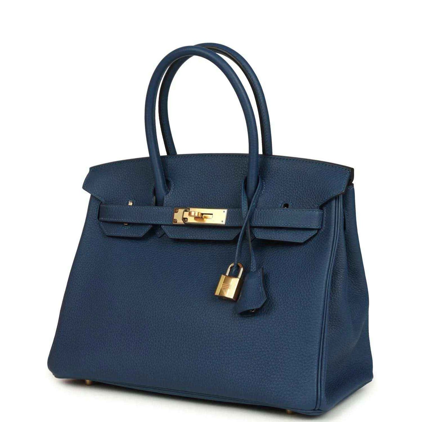 Hermes Birkin 30 blue Togo leather handbag with gold hardware and padlock