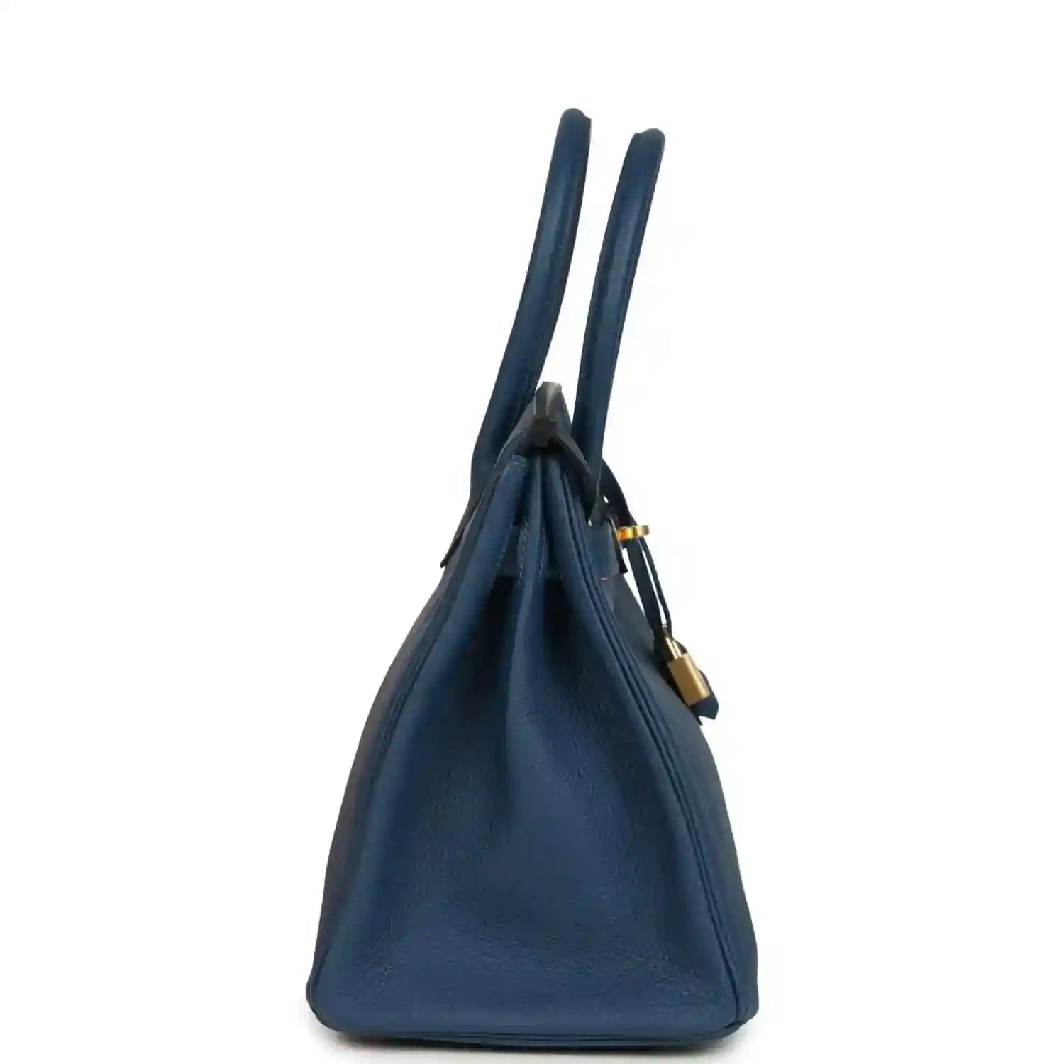 Hermes Birkin 30 blue Togo leather handbag side view with gold padlock charm