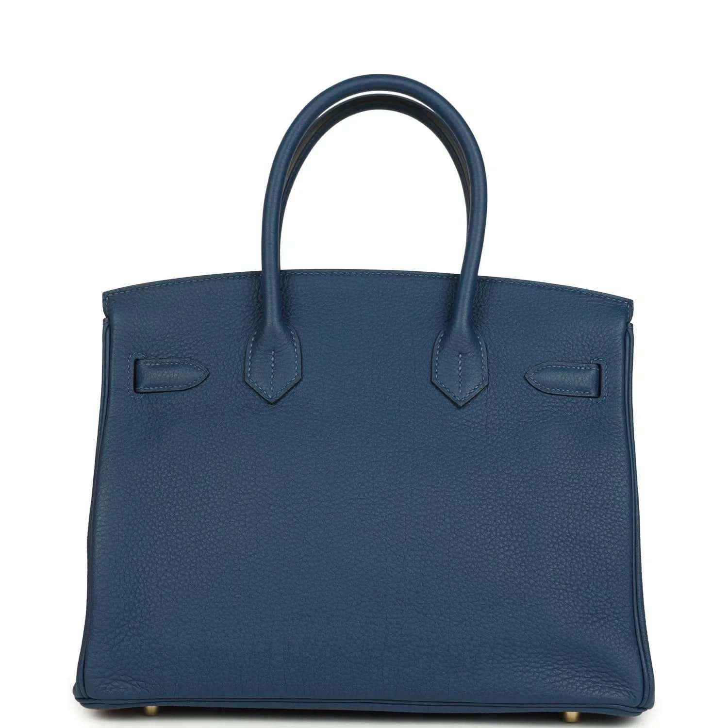 Hermes Birkin 30 blue Togo leather handbag front with flap and top handles