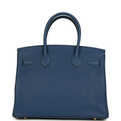 Hermes Birkin 30 blue Togo leather handbag front with flap and top handles