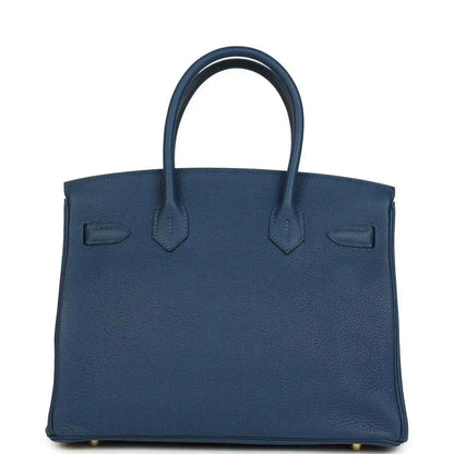 Hermes Birkin 30 blue Togo leather handbag front with flap and top handles