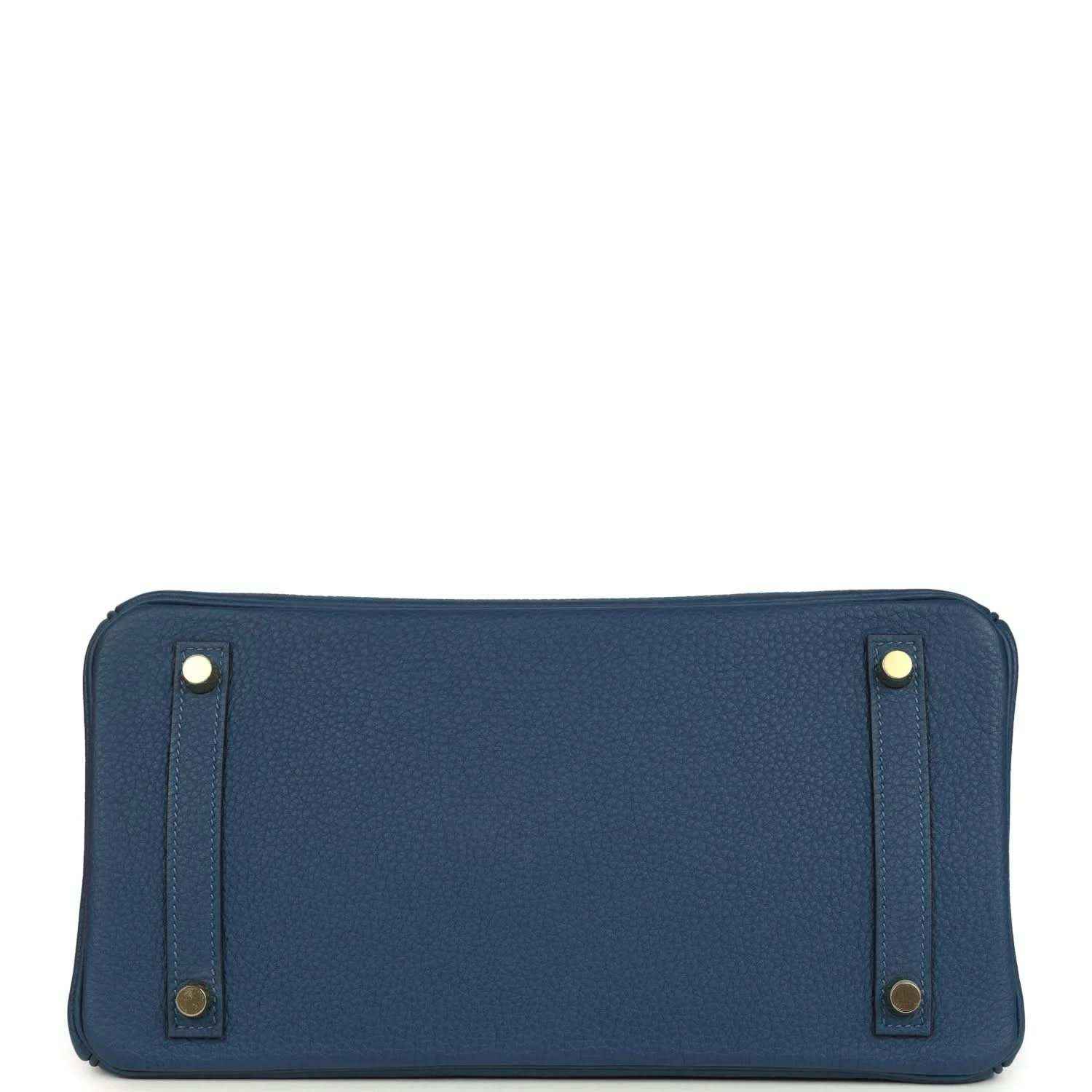 Hermes Birkin 30 blue Togo leather handbag rear view with exterior panel