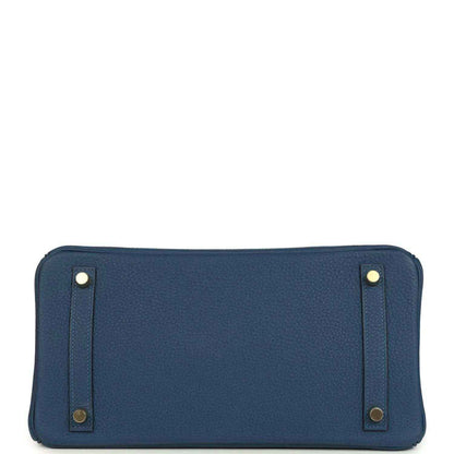 Hermes Birkin 30 blue Togo leather handbag rear view with exterior panel