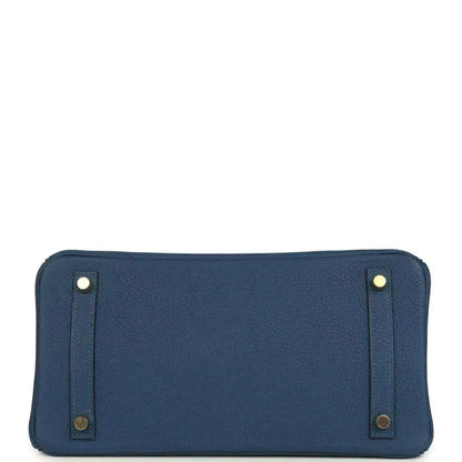 Hermes Birkin 30 blue Togo leather handbag rear view with exterior panel