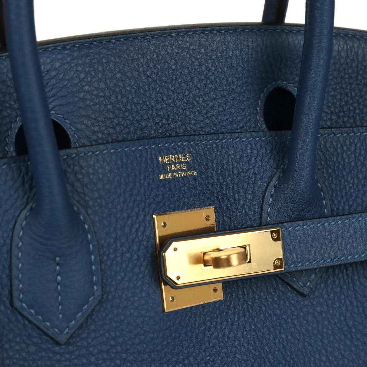 Hermes Birkin 30 blue Togo leather handbag interior close-up with gold clasp
