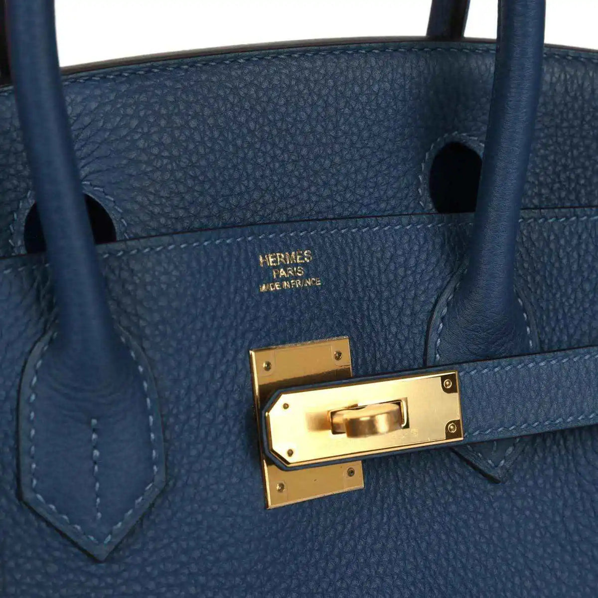 Hermes Birkin 30 blue Togo leather handbag interior close-up with gold clasp