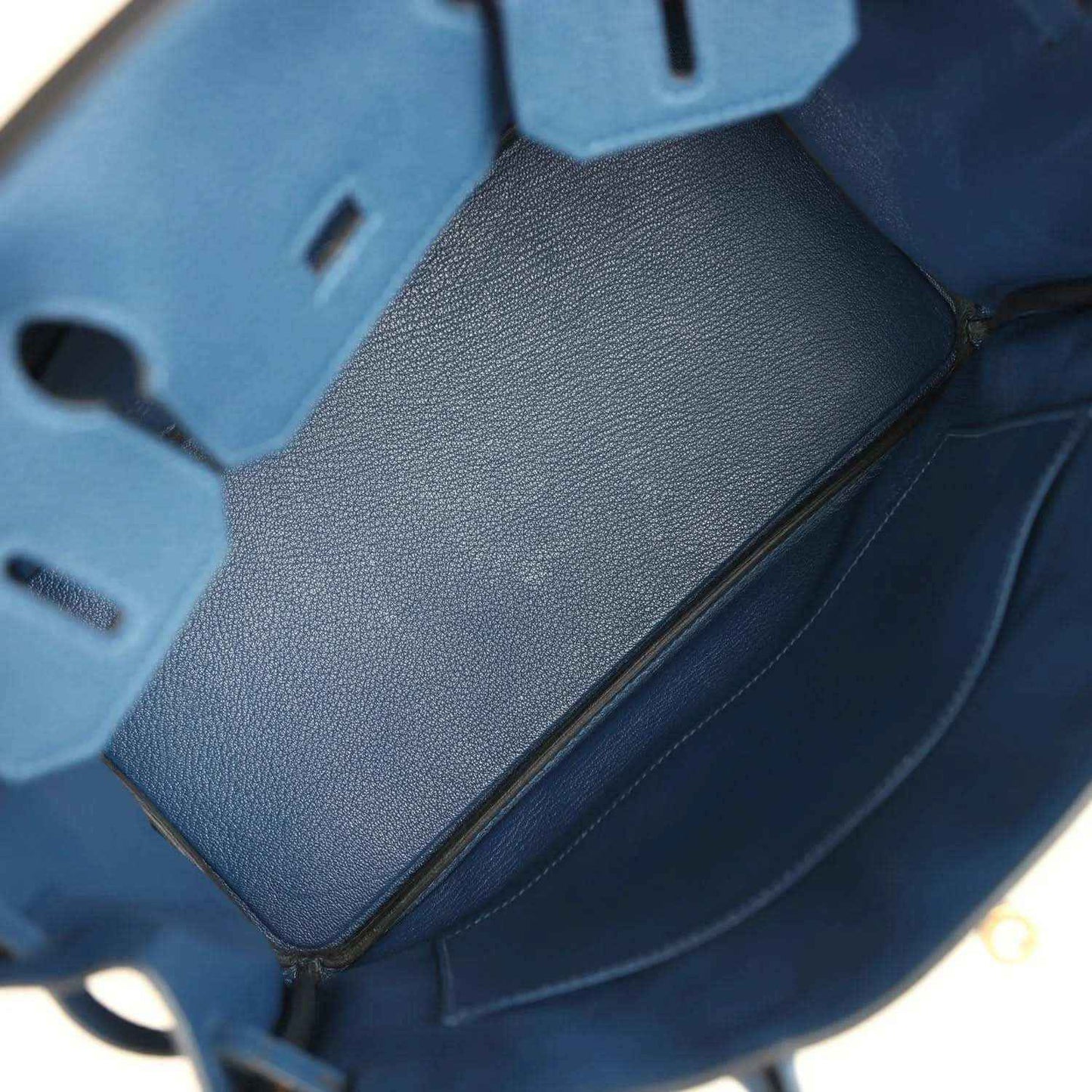 Hermes Birkin 30 blue Togo leather handbag close-up of textured base and seams