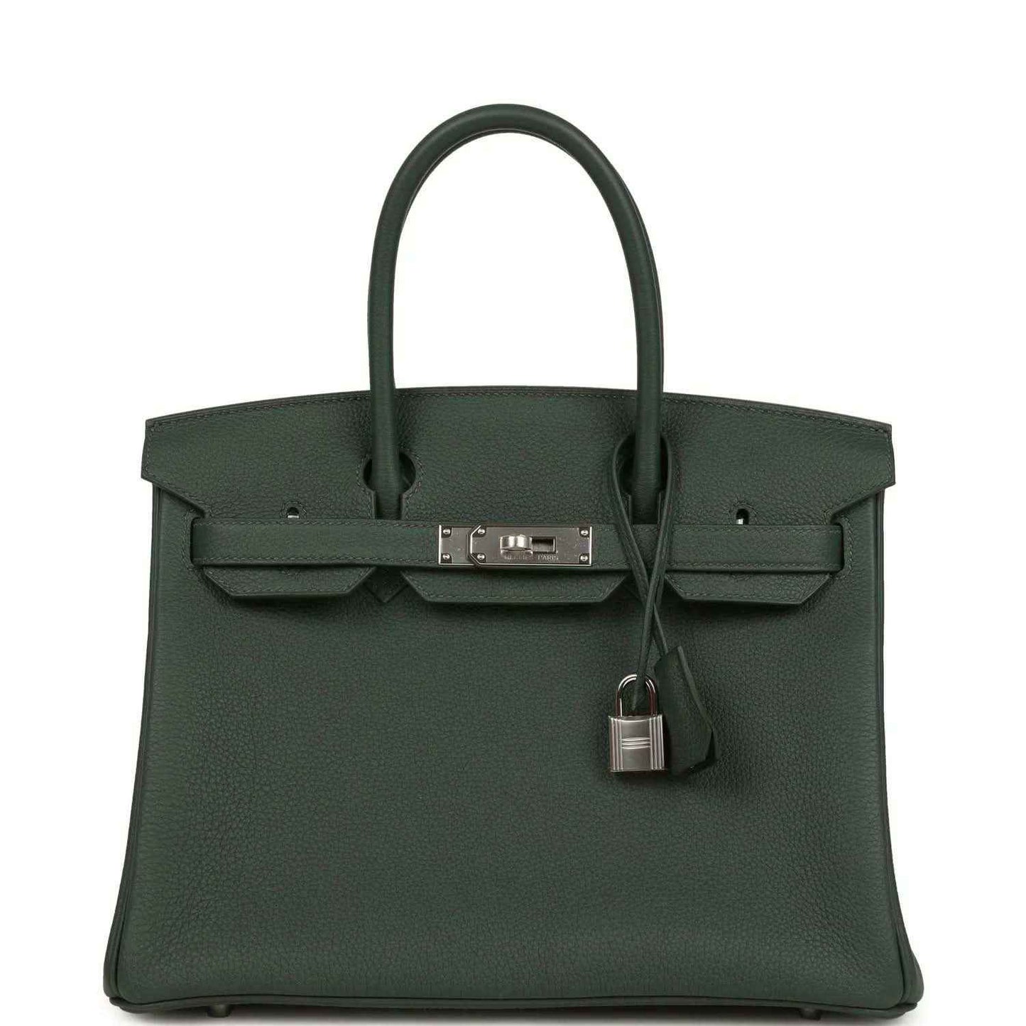Green leather handbag with top handles, front flap and turn-lock with dangling padlock