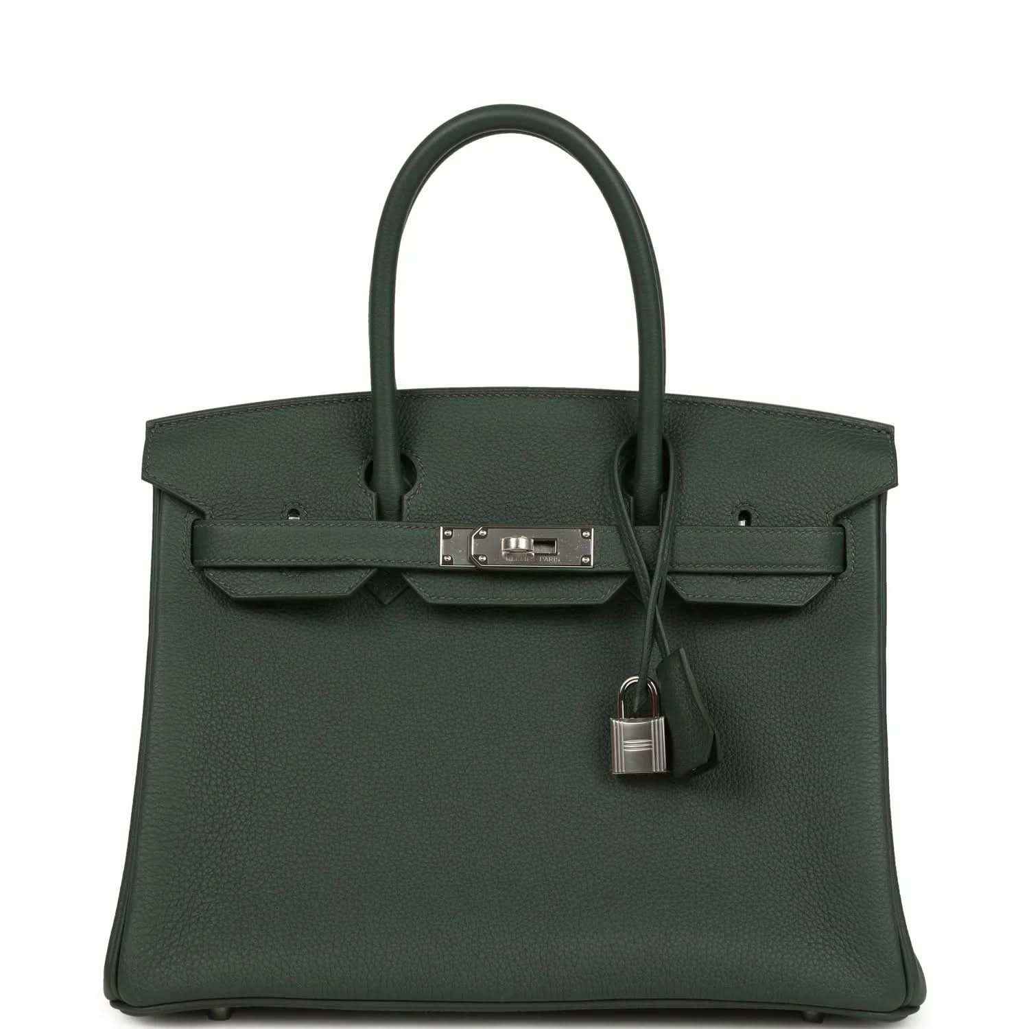 Green leather handbag with top handles, front flap and turn-lock with dangling padlock