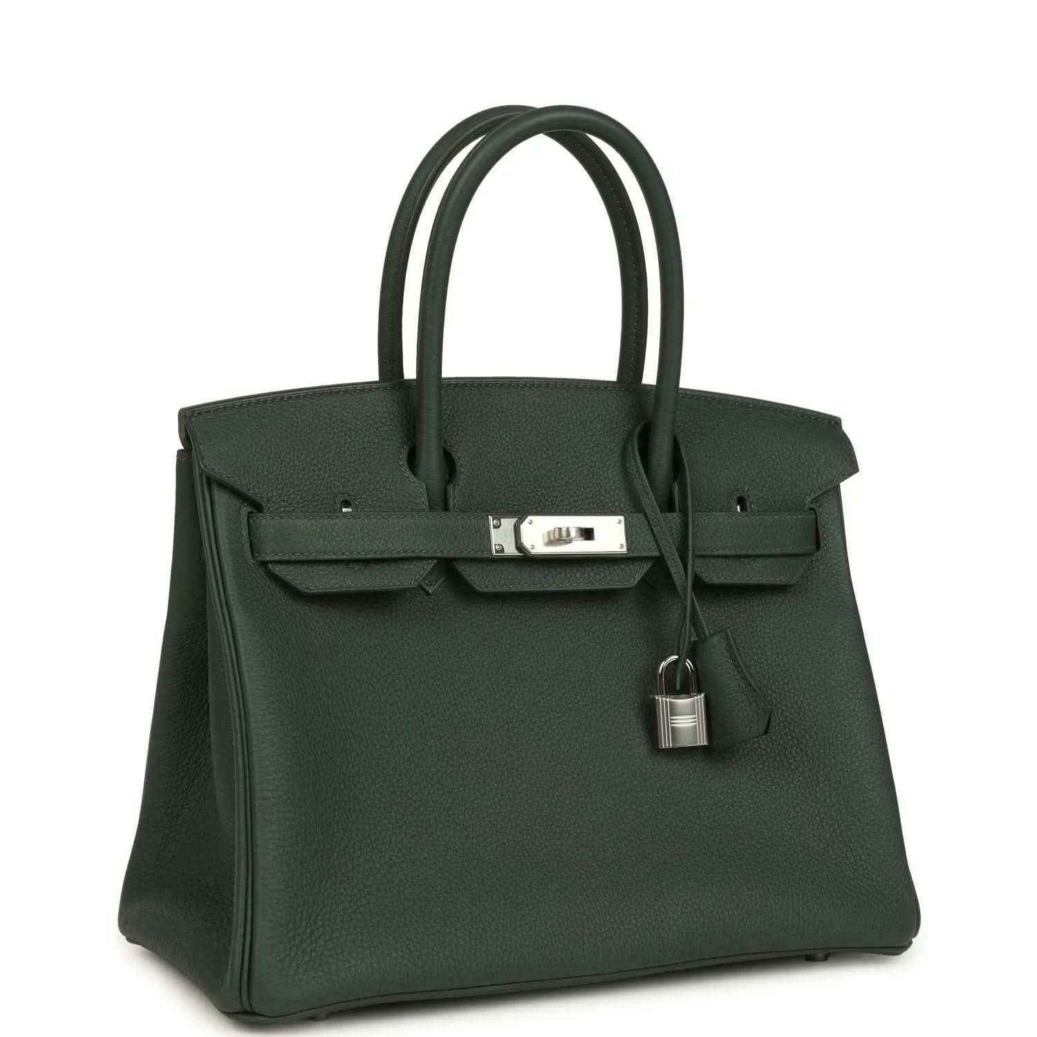 Green leather handbag with top handles, front flap and turn-lock hardware; padlock charm