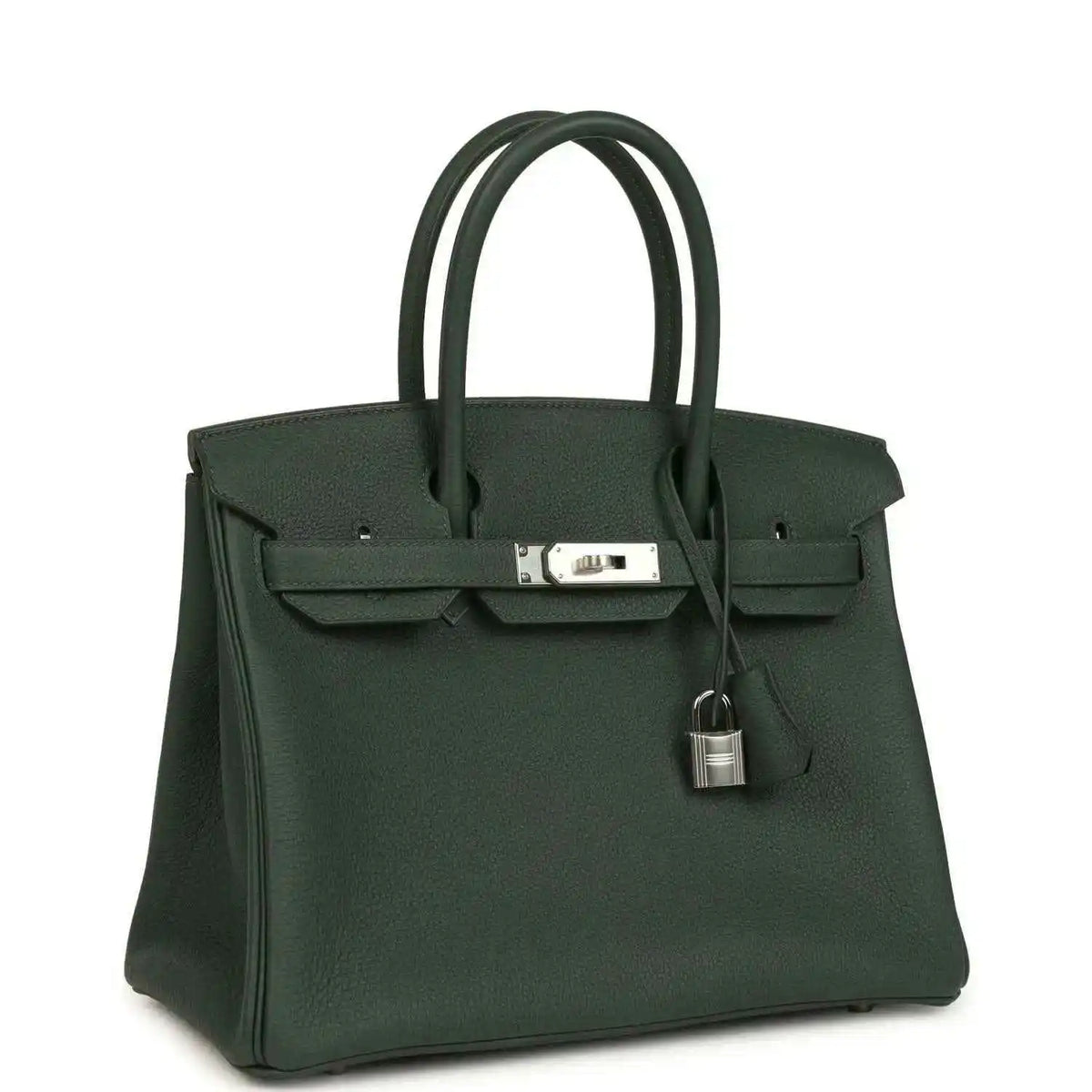 Green leather handbag with top handles, front flap and turn-lock hardware; padlock charm