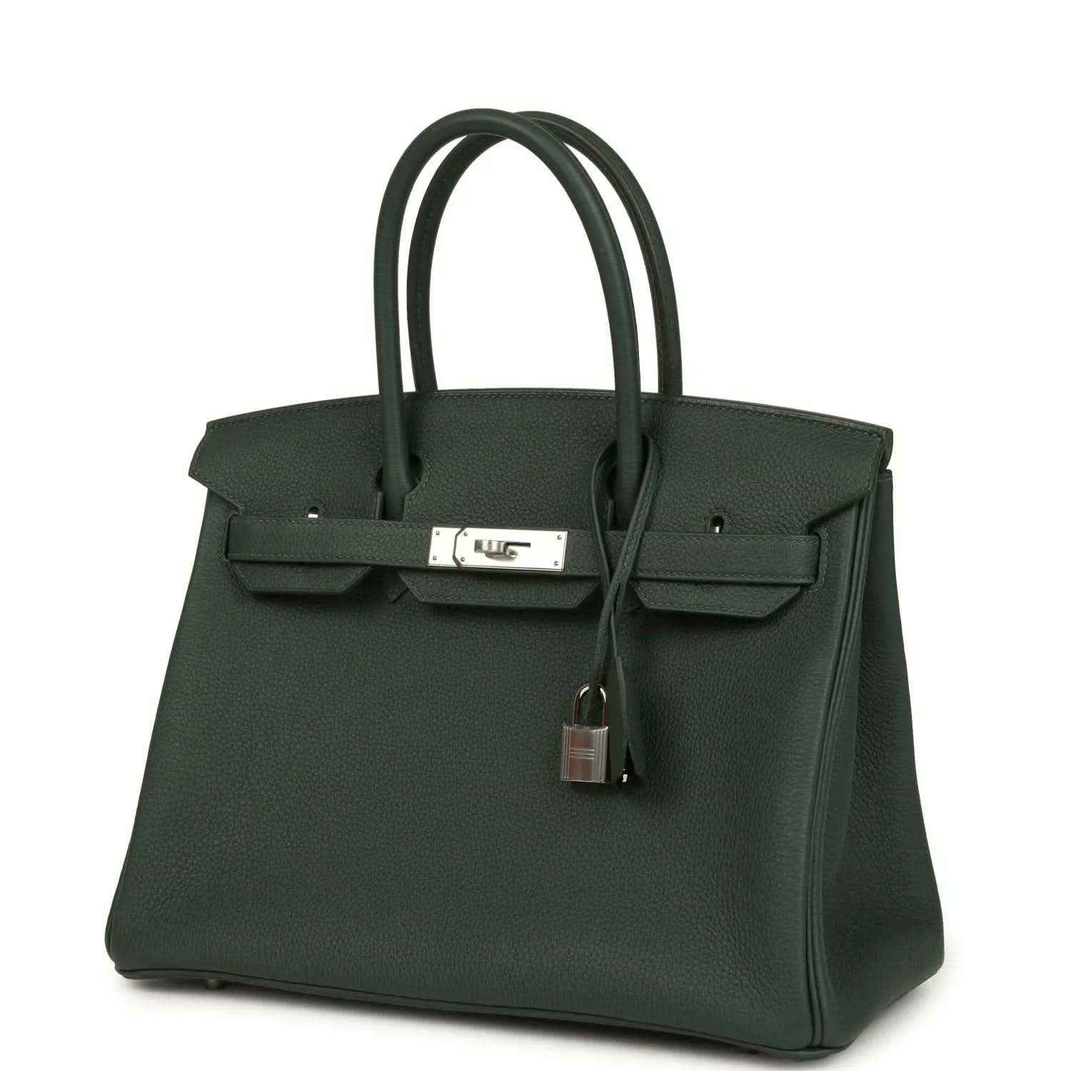 Green leather handbag with top handles, front flap closure and hanging padlock charm