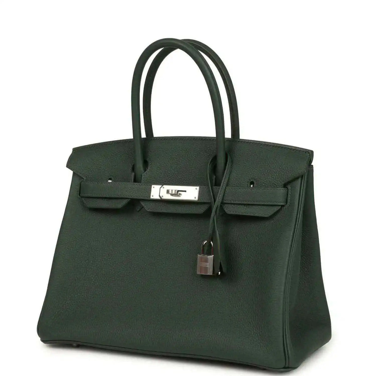 Green leather handbag with top handles, front flap closure and hanging padlock charm