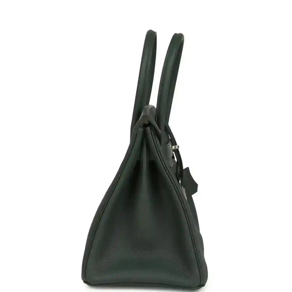 Green leather handbag side view with two top handles and structured silhouette