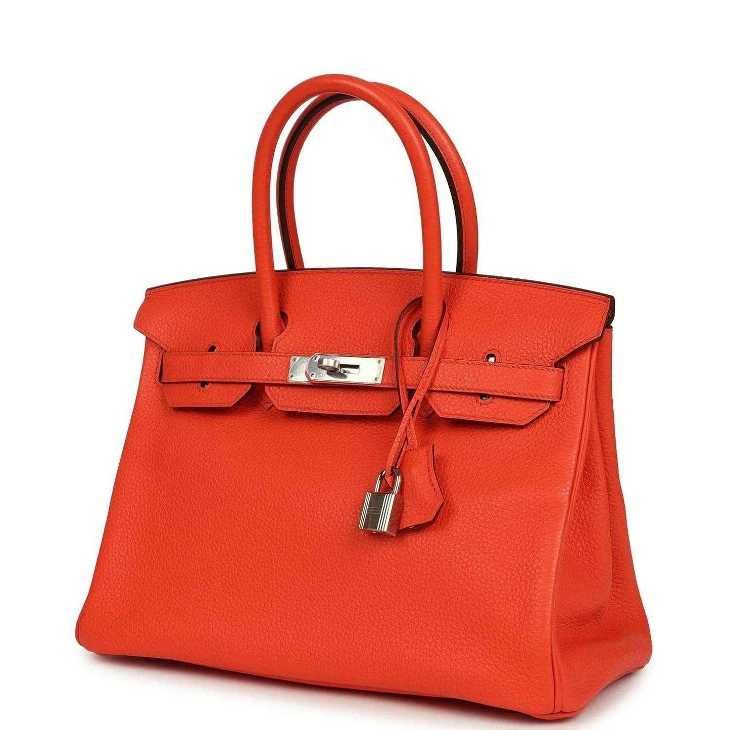 Orange Birkin handbag front view with textured leather, top handles, and padlock on strap