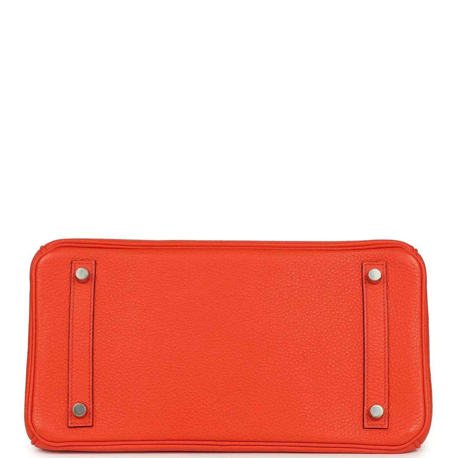 Orange handbag base with two leather corner loops and silver hardware details