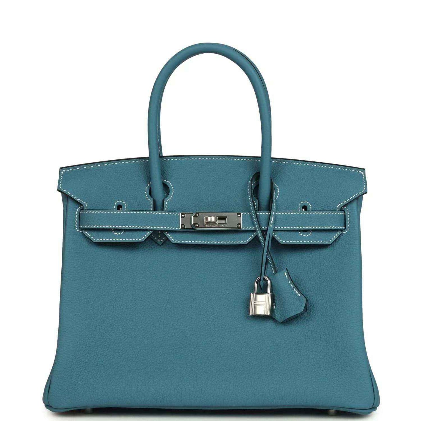 Hermes Birkin 30 handbag in blue leather with top handles, front flap, palladium clasp